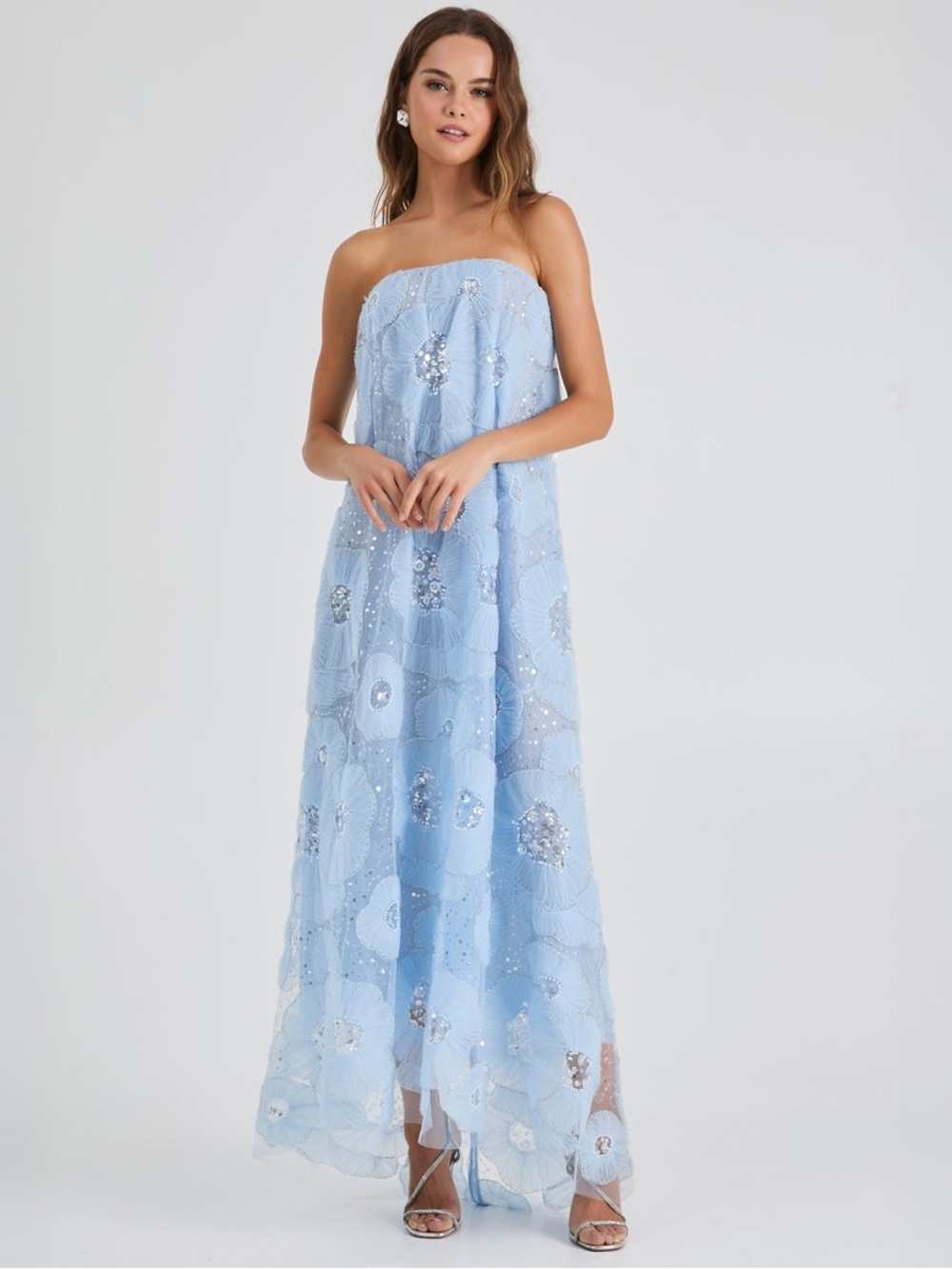 HELSI Margot Strapless Blue Floral Sequin/Beaded Evening Gown Size XS